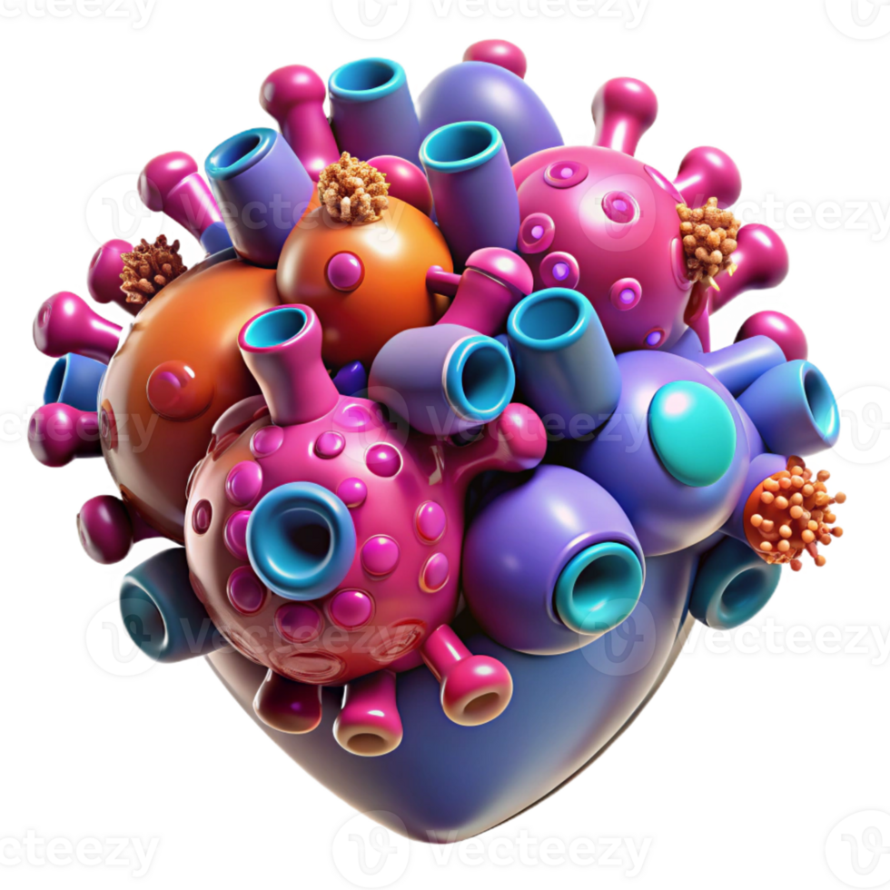 magnificent classic A swarm of nanobots assembling a human heart, vibrant bioluminescent colours, microscopic detail, medical illustration style authentic png