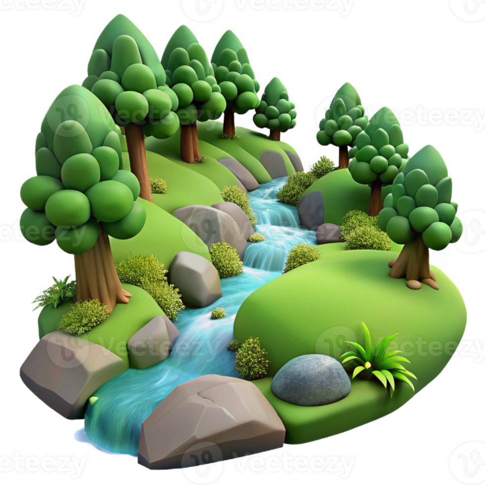wonderful abstract A babbling brook flowing through a mossy forest, tranquil and serene, landscape photography premium png