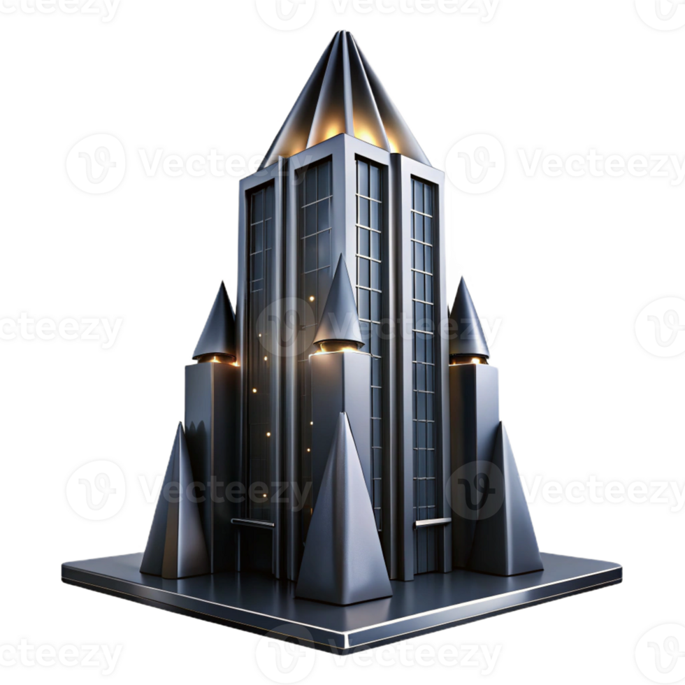 impressive traditional Art Deco skyscraper, chrome and black glass, sharp angles, volumetric lighting, raining at night, exclusive png
