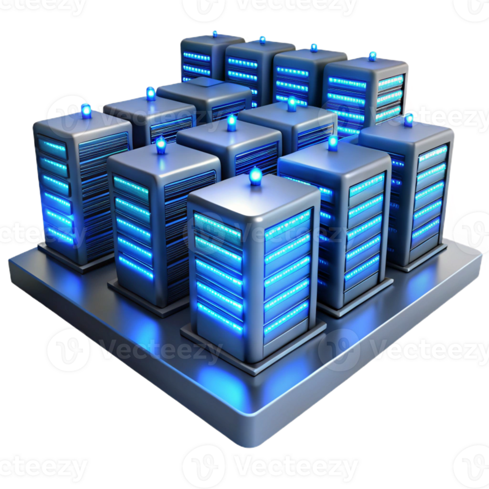 serene rustic A server room with rows of glowing servers, cool blue lighting, long exposure photography style high resolution png