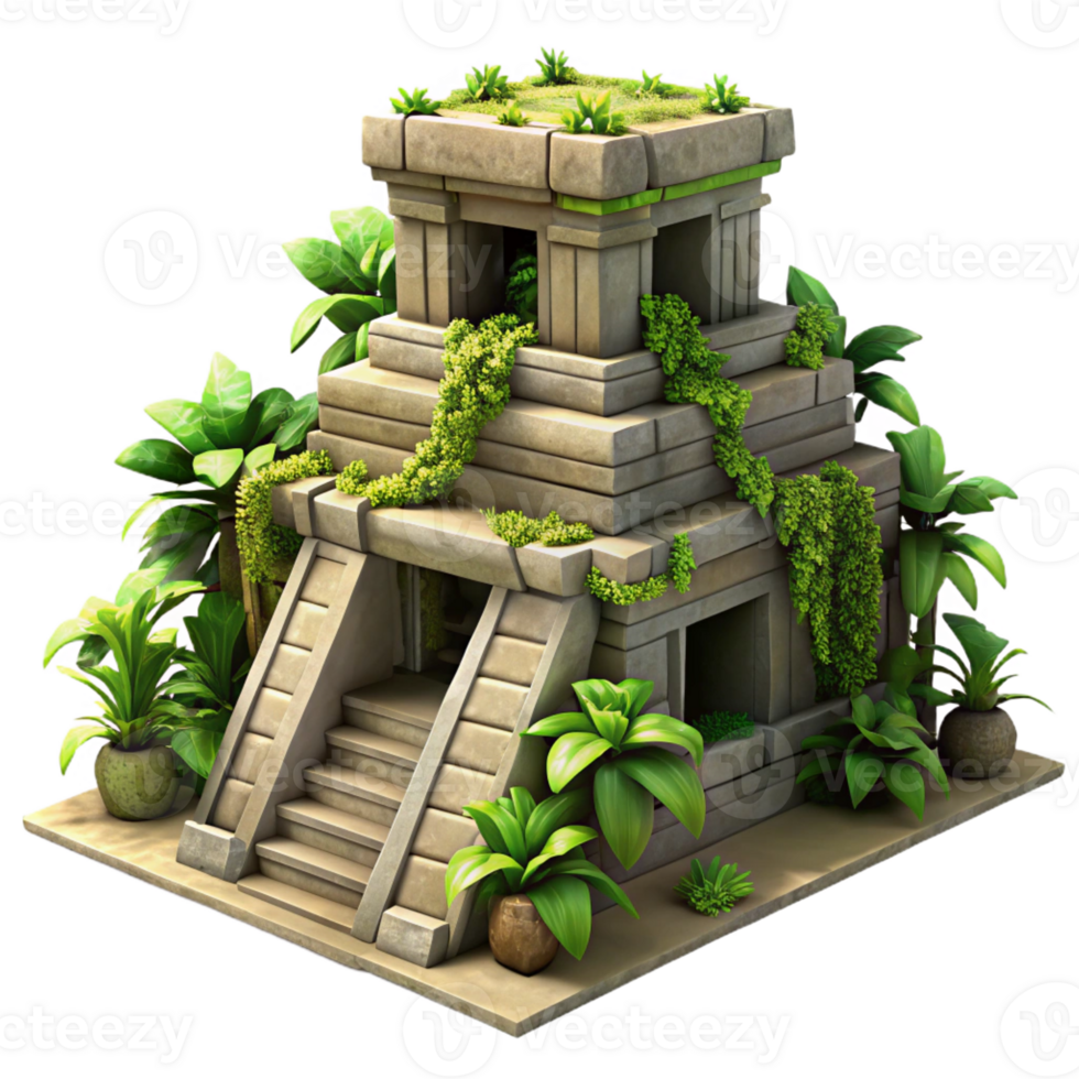 serene artistic A crumbling Mayan temple overtaken by jungle vines, dappled sunlight, hyperrealistic, detailed png