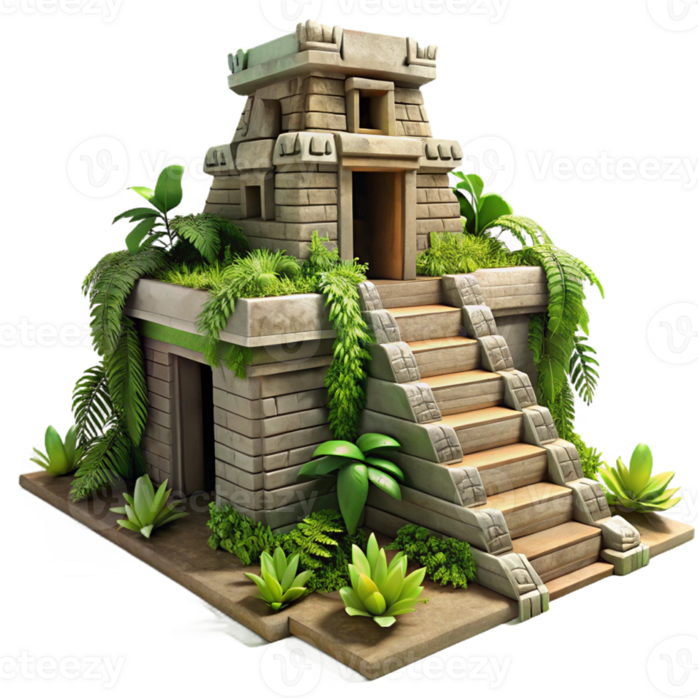 beautiful classic A crumbling Mayan temple overtaken by jungle vines, dappled sunlight, hyperrealistic, original png
