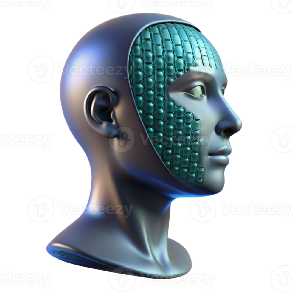 elegant modern A transparent human head filled with binary code, flowing and changing, dark background with subtle lighting, cyberpunk style authentic png