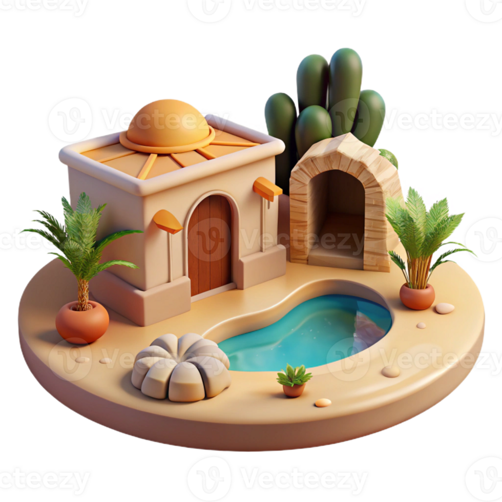 magnificent contemporary A desert oasis with a hidden subterranean dwelling, harsh midday sun, Art Deco, premium png