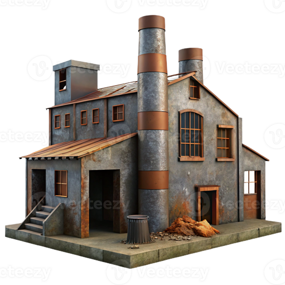 dramatic modern An abandoned industrial factory with rusted metal and broken windows, dim overcast light, dystopian, high quality png
