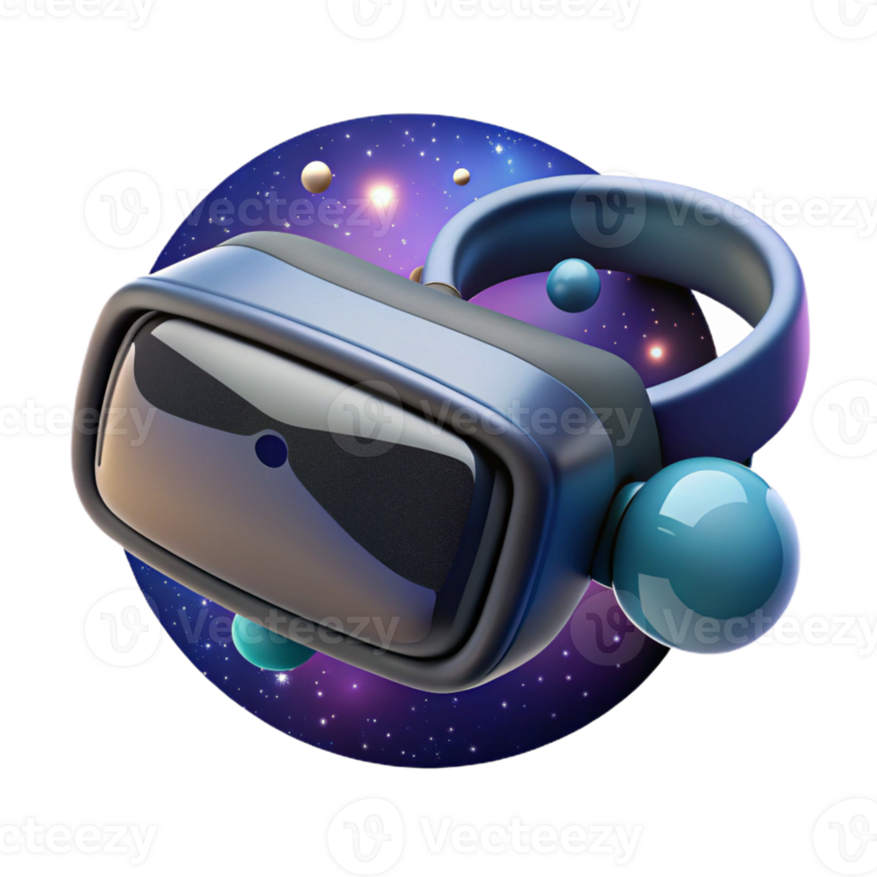 elegant modern A virtual reality headset floating in space, realistic textures, starry background visible through the lenses high quality png