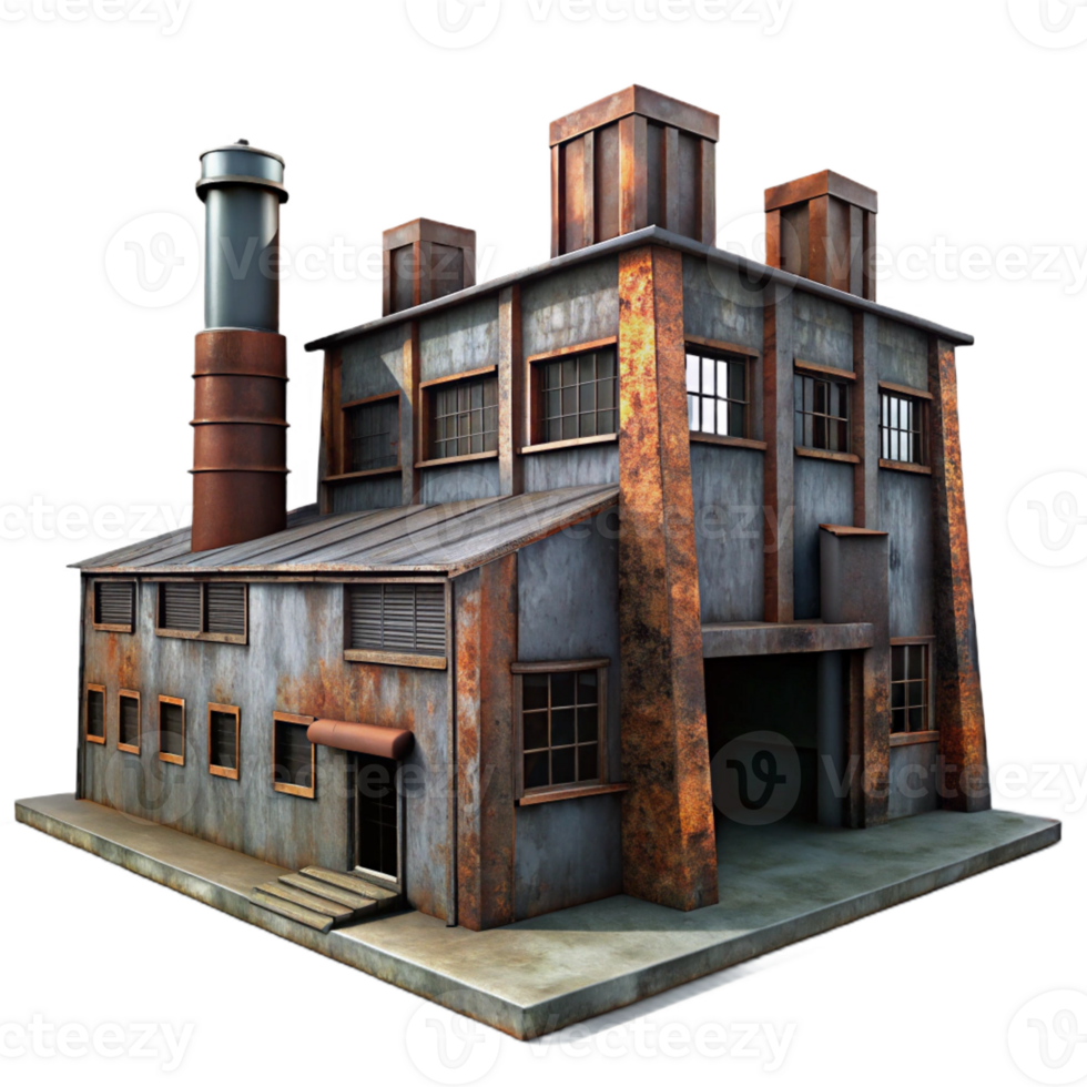 serene rustic An abandoned industrial factory with rusted metal and broken windows, dim overcast light, dystopian, high resolution png