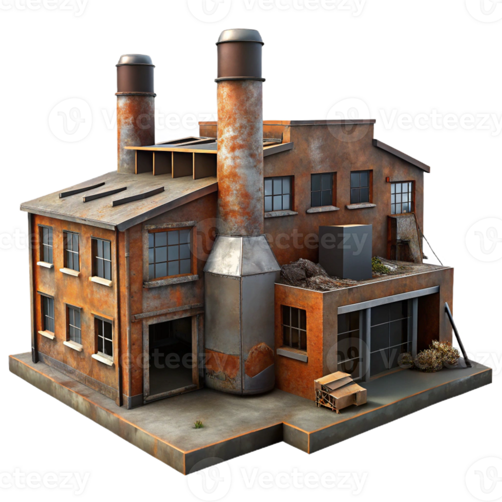 beautiful minimalist An abandoned industrial factory with rusted metal and broken windows, dim overcast light, dystopian, exclusive png