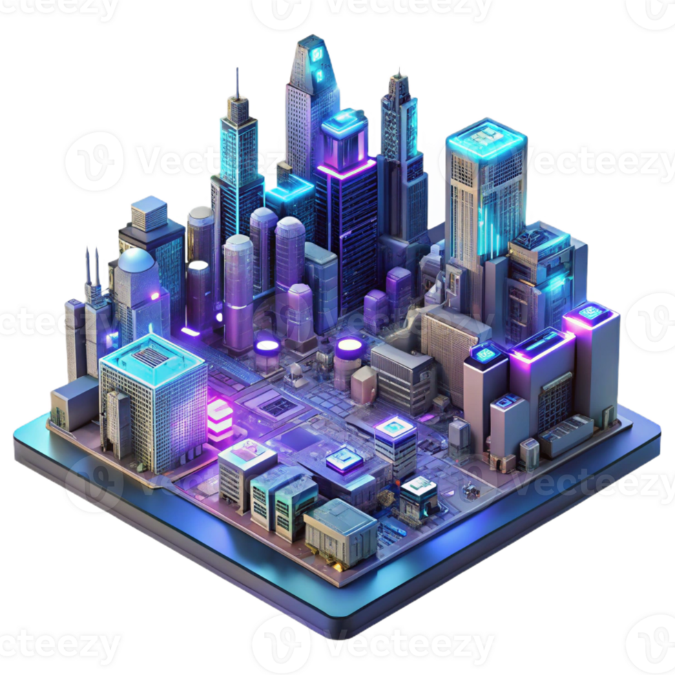elegant abstract A futuristic city built on a giant motherboard, intricate circuitry visible, neon lights illuminating the city, cyberpunk style premium png