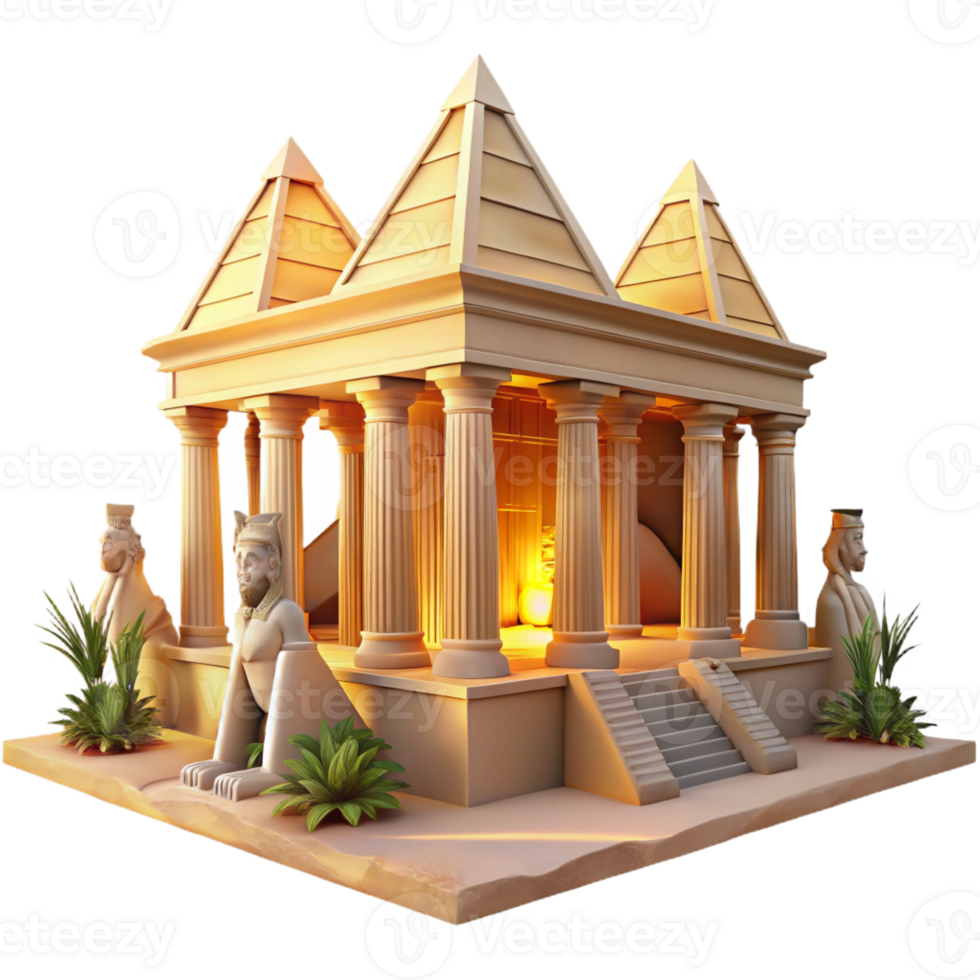 vibrant artistic An ancient Egyptian temple with hieroglyphs and towering statues, golden sunset light, realistic, exclusive png