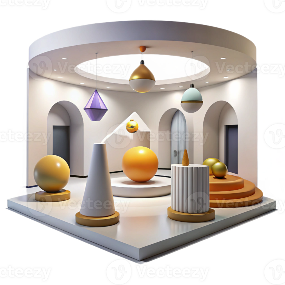 stunning creative A modern art museum with abstract sculptures and large open spaces, bright gallery lighting, minimalist, high resolution png