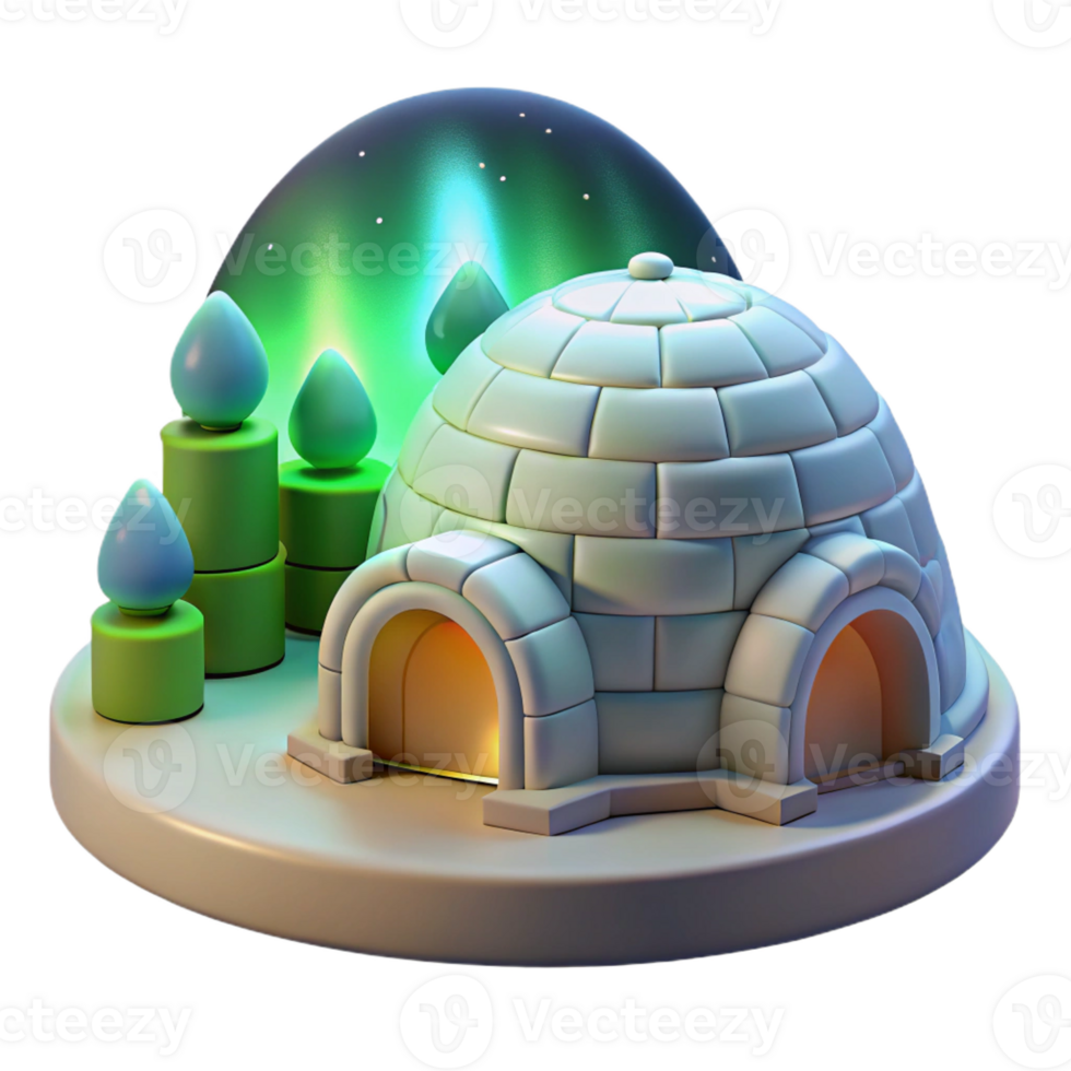 elegant vintage An igloo village with glowing interiors, aurora borealis in the sky, Arctic, high resolution png