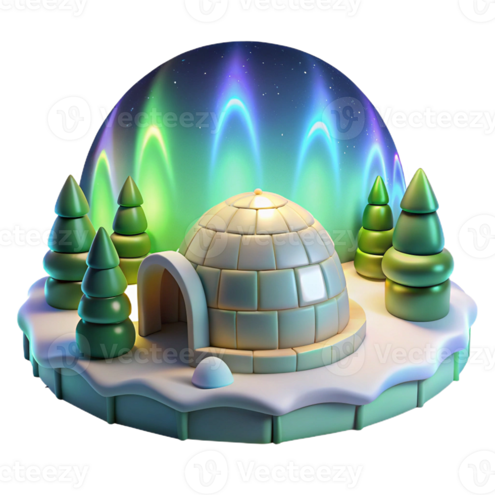 elegant vintage An igloo village with glowing interiors, aurora borealis in the sky, Arctic, 4K png