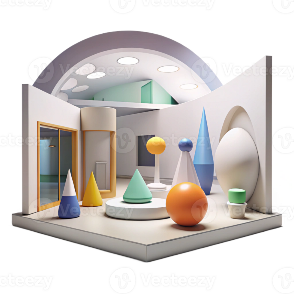 extraordinary creative A modern art museum with abstract sculptures and large open spaces, bright gallery lighting, minimalist, professional png