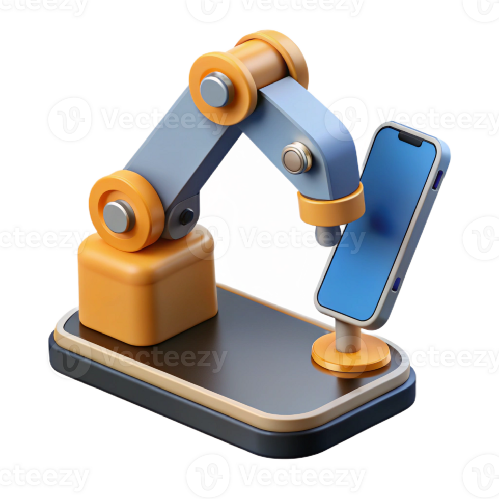 serene classic A robotic arm assembling a smartphone, precise movements, factory lighting, product design style high quality png