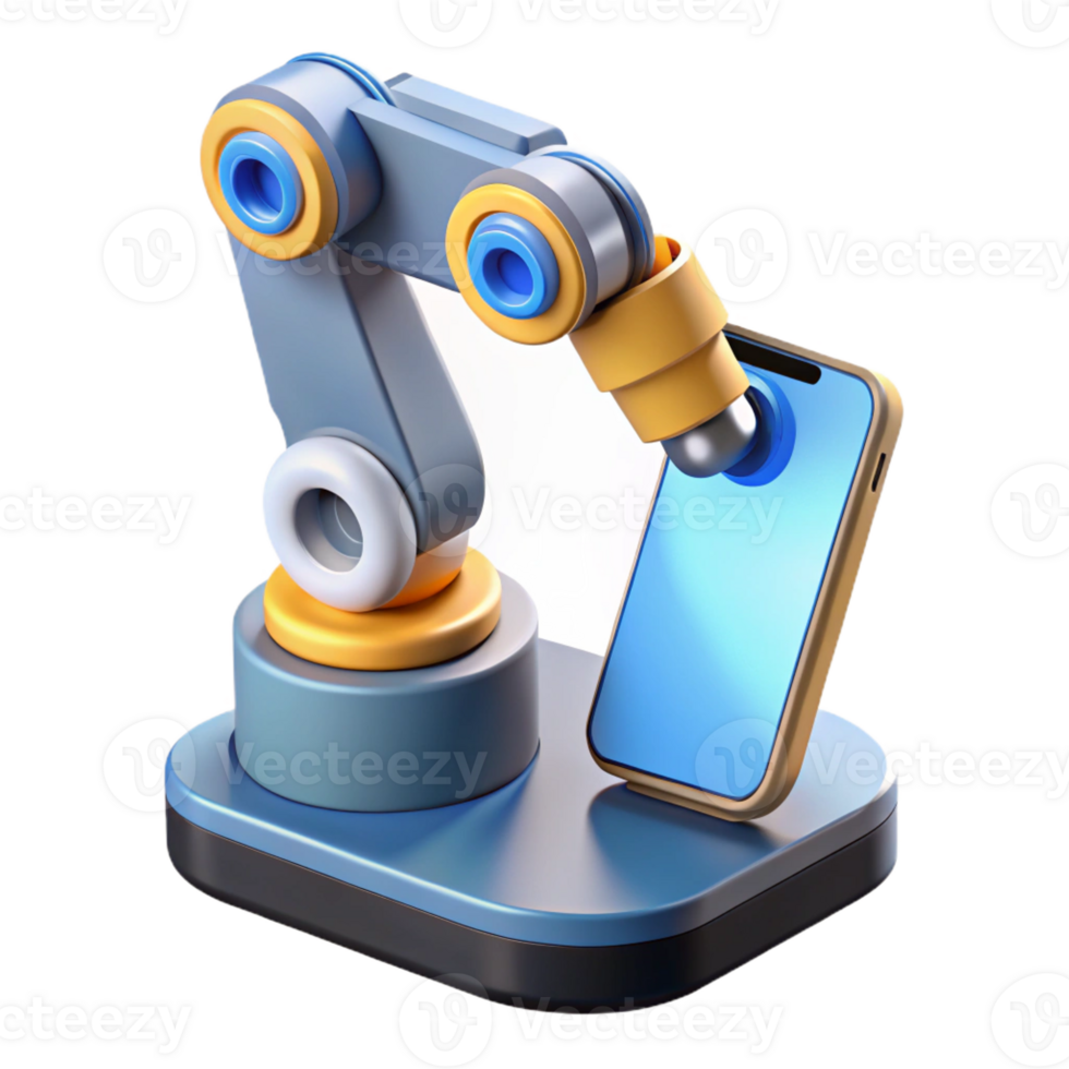 elegant classic A robotic arm assembling a smartphone, precise movements, factory lighting, product design style authentic png