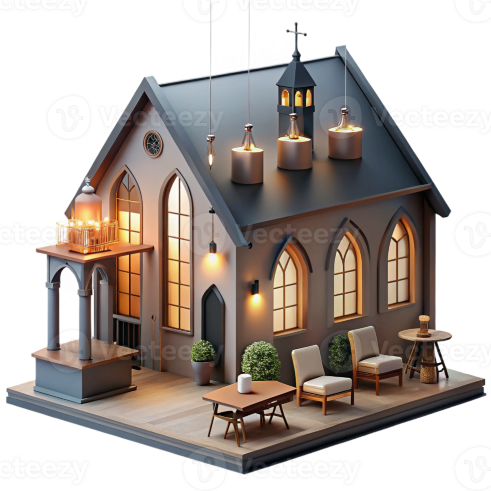 wonderful rustic A deconsecrated church converted into a loft apartment, warm interior lighting, industrial chic, high resolution png