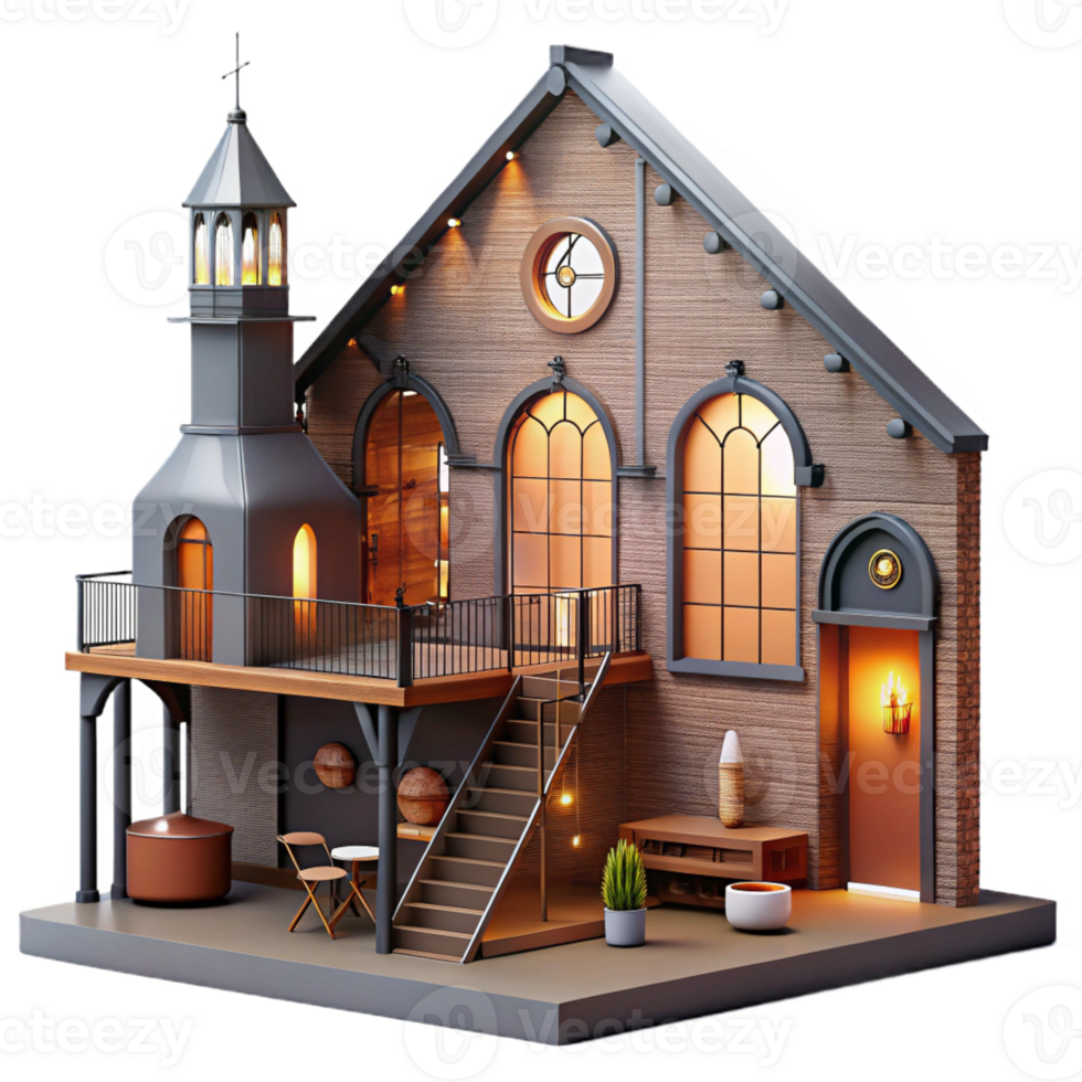 stunning traditional A deconsecrated church converted into a loft apartment, warm interior lighting, industrial chic, premium png