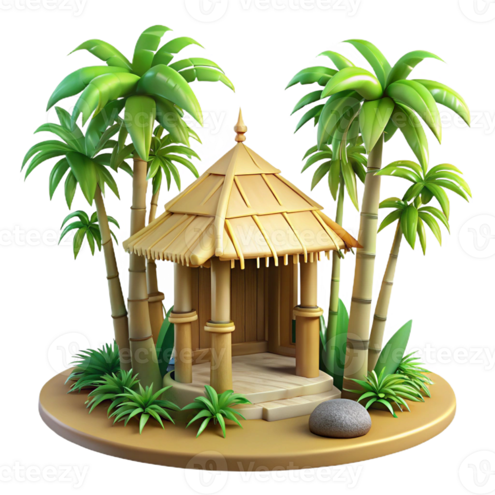 beautiful artistic A bamboo and thatch hut in a tropical rainforest, humid, dappled light, 4K png
