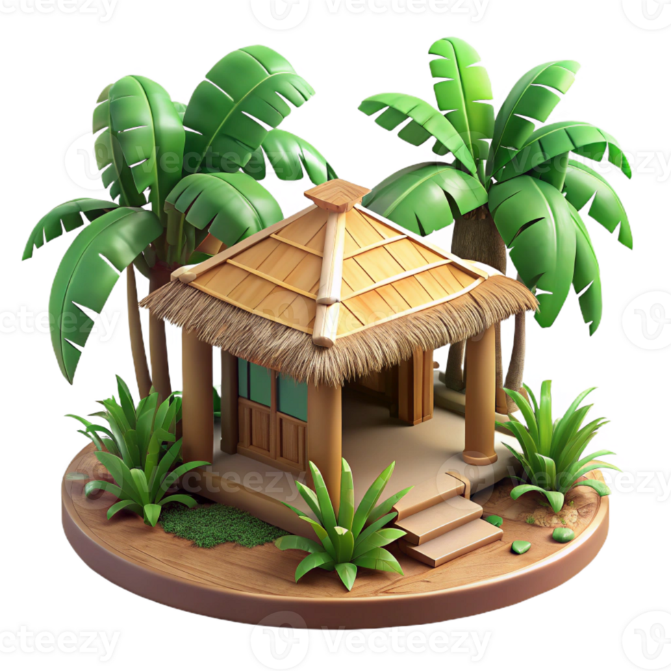 elegant contemporary A bamboo and thatch hut in a tropical rainforest, humid, dappled light, premium png