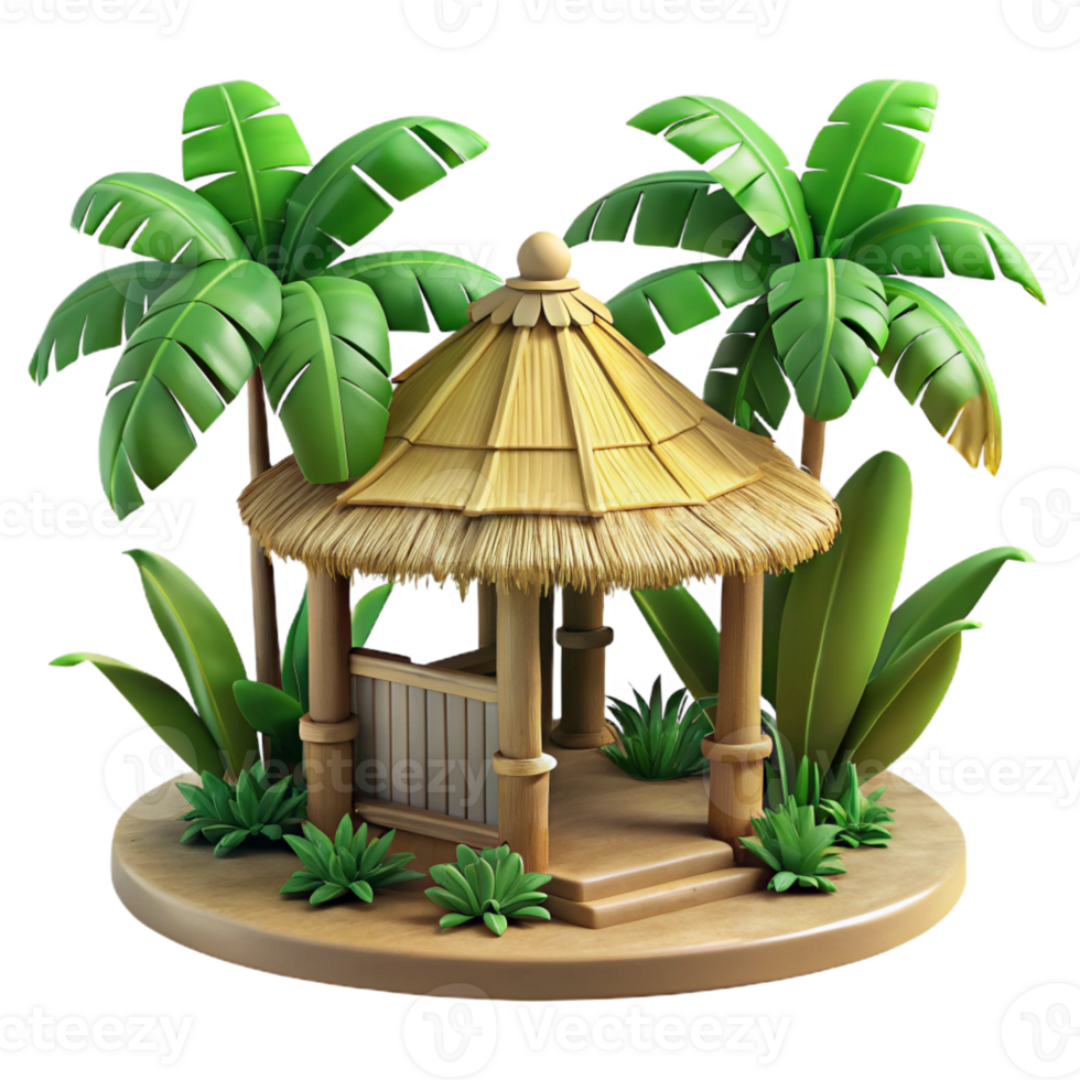 extraordinary contemporary A bamboo and thatch hut in a tropical rainforest, humid, dappled light, genuine png