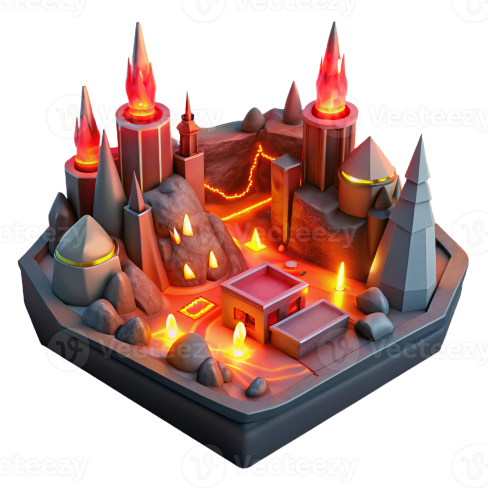 dramatic contemporary A subterranean city lit by geothermal vents, glowing red light, fantasy, professional png
