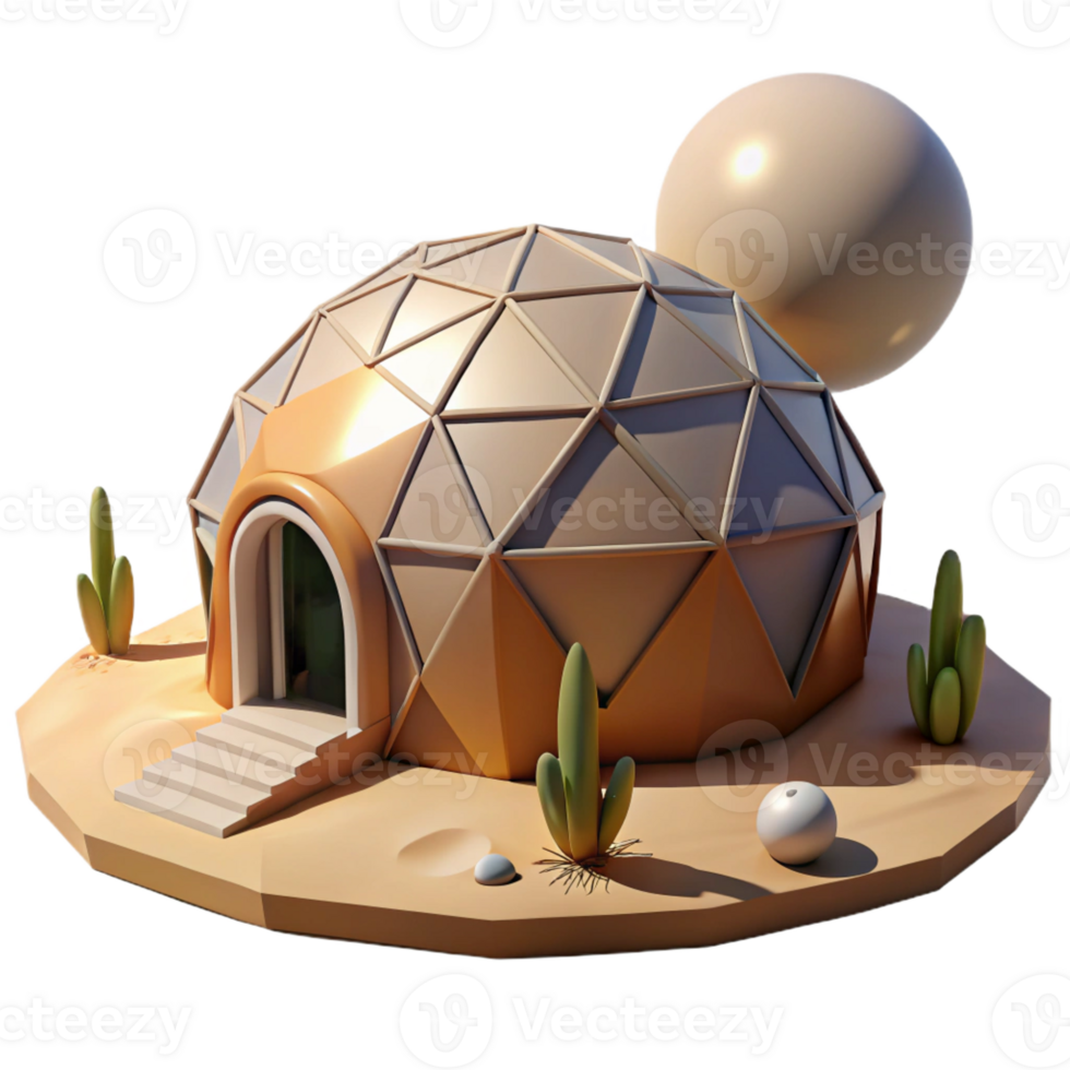 magnificent rustic A geodesic dome house in a desert landscape, harsh midday sun, futuristic, high quality png