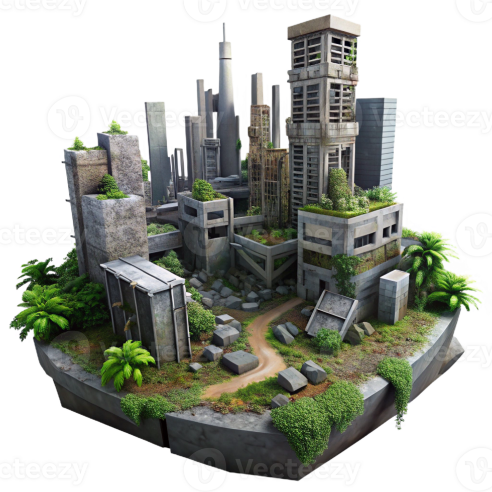 dramatic artistic A post-apocalyptic city in ruins, overgrown with vegetation, dim overcast light, dystopian, original png