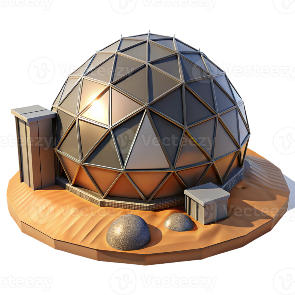 stunning artistic A geodesic dome house in a desert landscape, harsh midday sun, futuristic, premium png