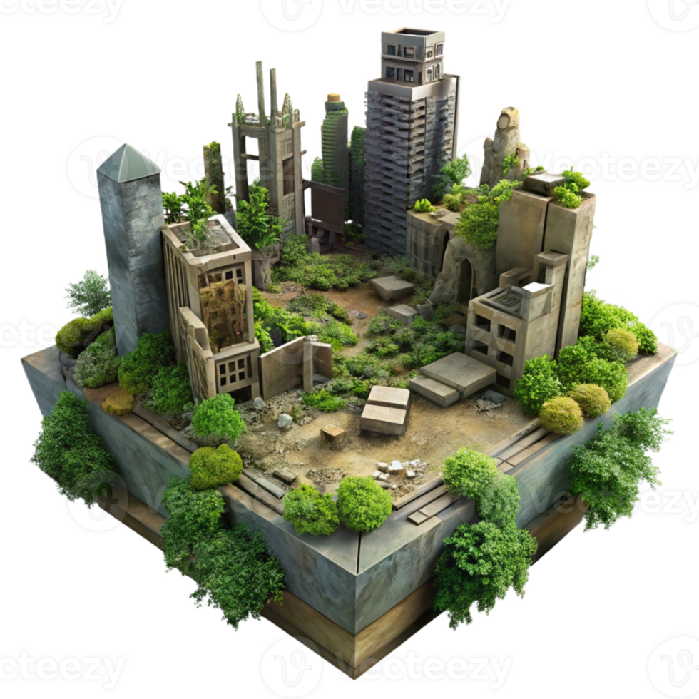 elegant creative A post-apocalyptic city in ruins, overgrown with vegetation, dim overcast light, dystopian, high quality png