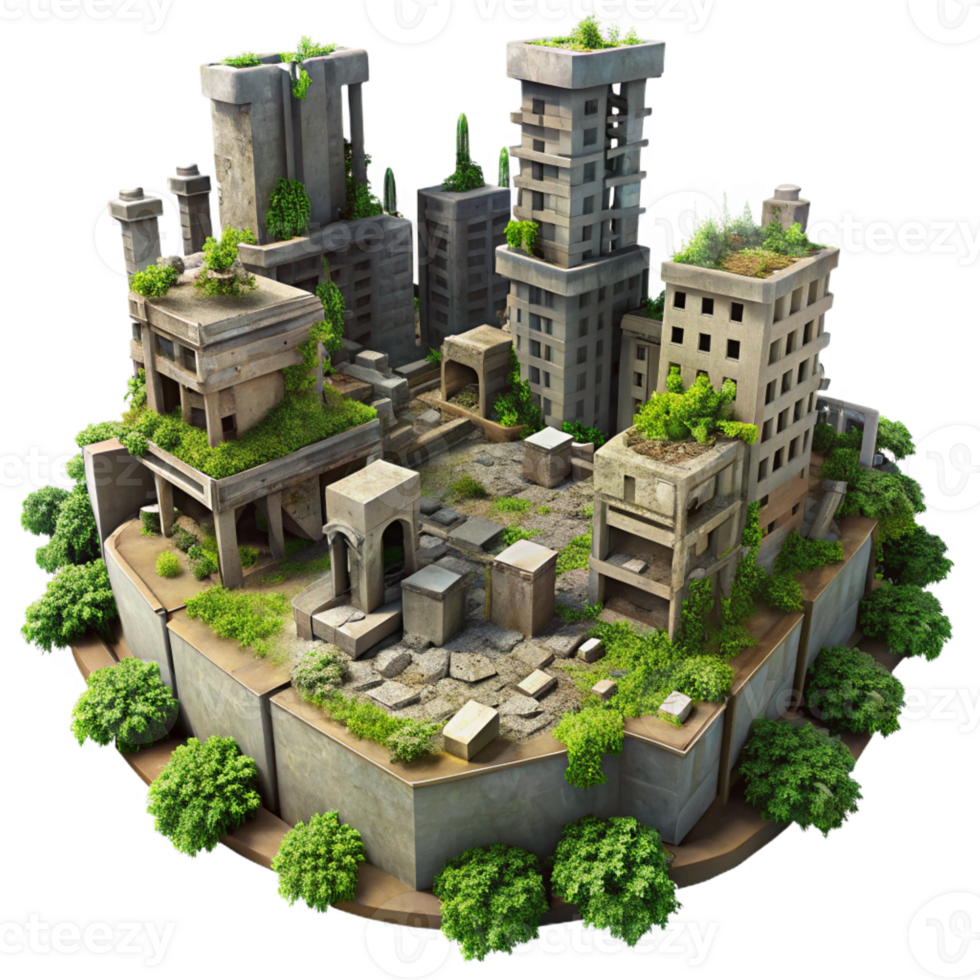 extraordinary creative A post-apocalyptic city in ruins, overgrown with vegetation, dim overcast light, dystopian, original png