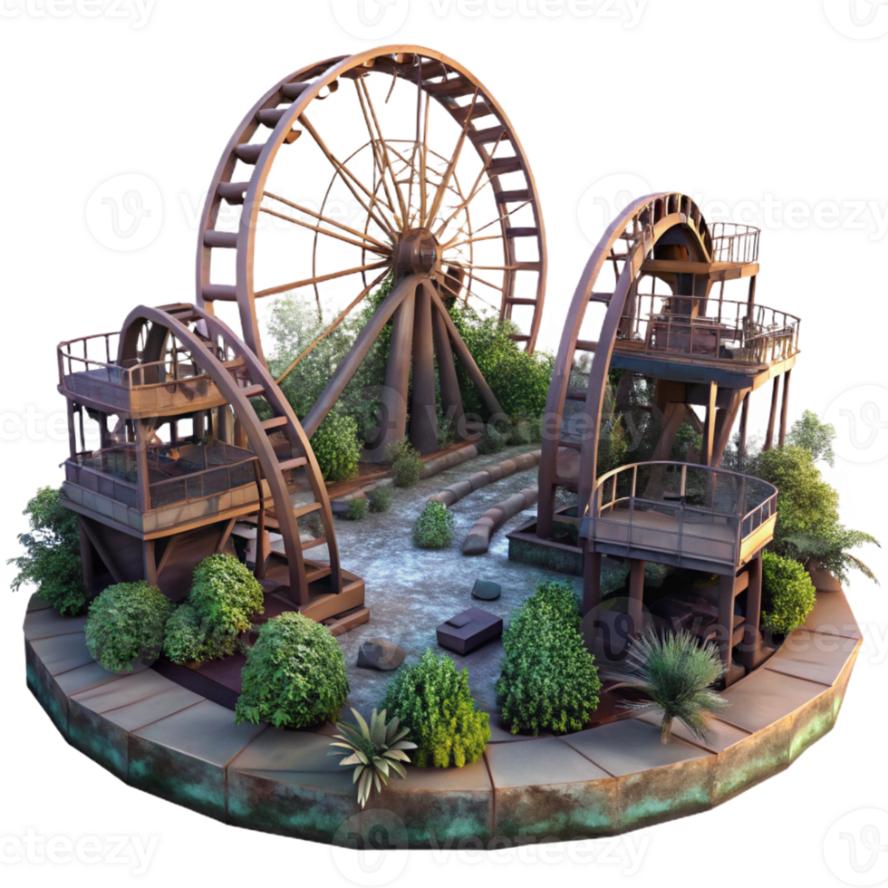 impressive vintage An abandoned amusement park with rusted rides and overgrown foliage, eerie twilight, surreal, detailed png