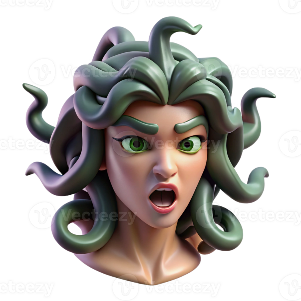 extraordinary vintage A fierce Medusa with snakes for hair, turning a warrior to stone, rendered in a chilling, realistic style exclusive png