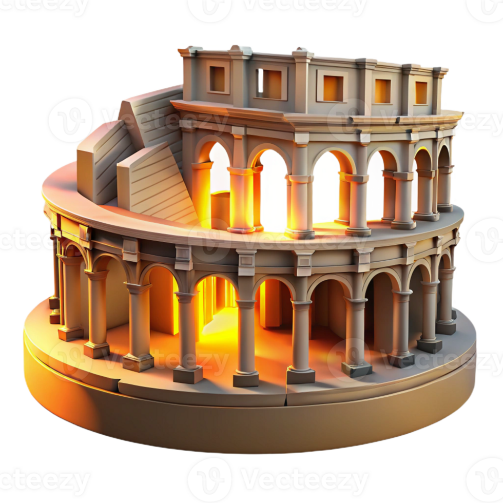 impressive creative A crumbling Roman amphitheater, golden sunset light, ancient, high resolution png