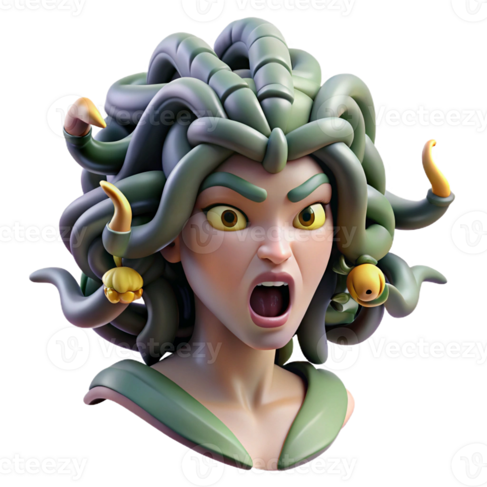 impressive artistic A fierce Medusa with snakes for hair, turning a warrior to stone, rendered in a chilling, realistic style genuine png