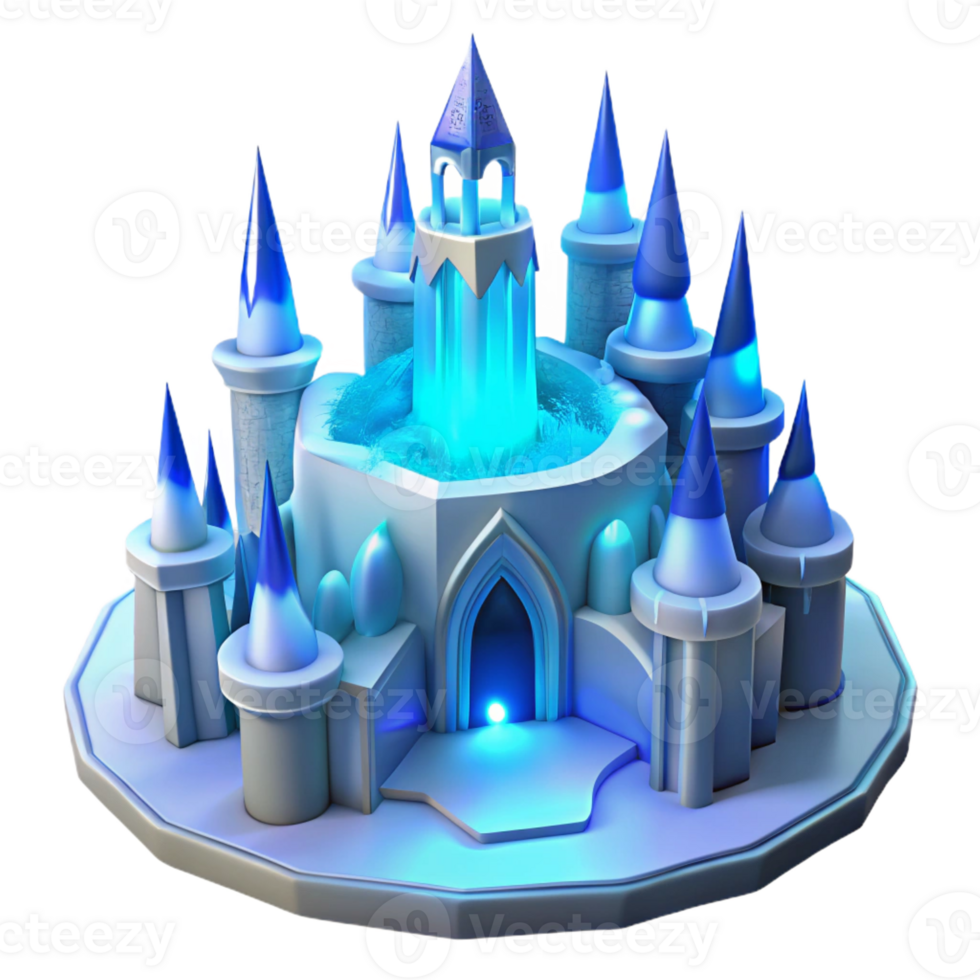 dramatic contemporary An intricate ice castle, blue and white light, winter, professional png