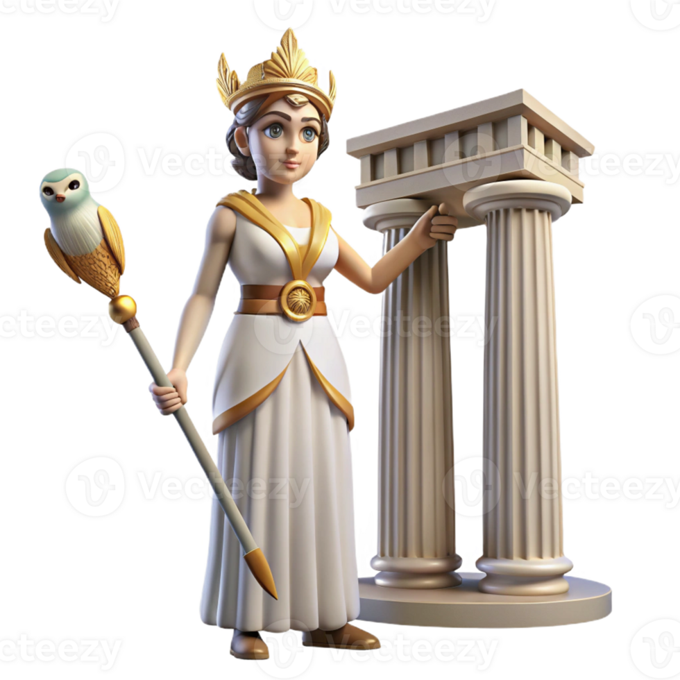 dramatic classic A wise Athena holding an owl and a spear, standing before the Parthenon, classical Greek sculpture style 4K png