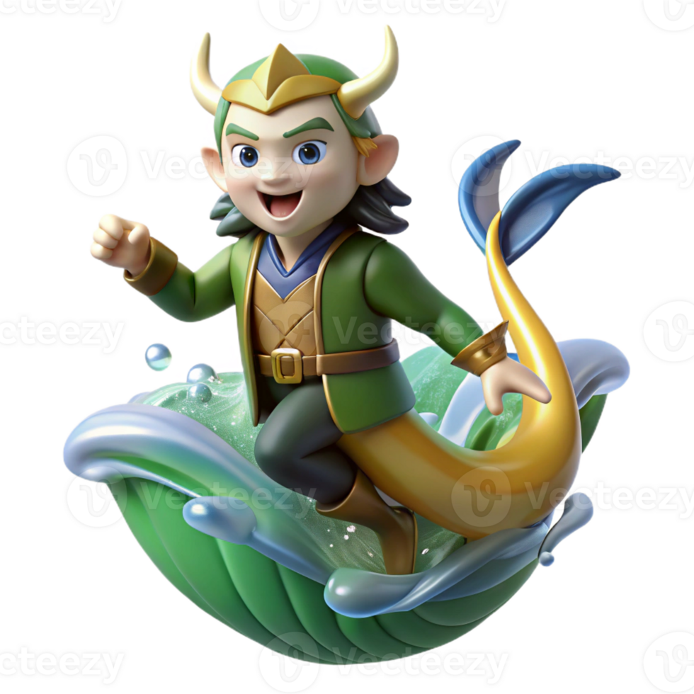 vibrant contemporary A mischievous Loki transforming into a salmon, leaping through a waterfall, vibrant Art Nouveau style genuine png
