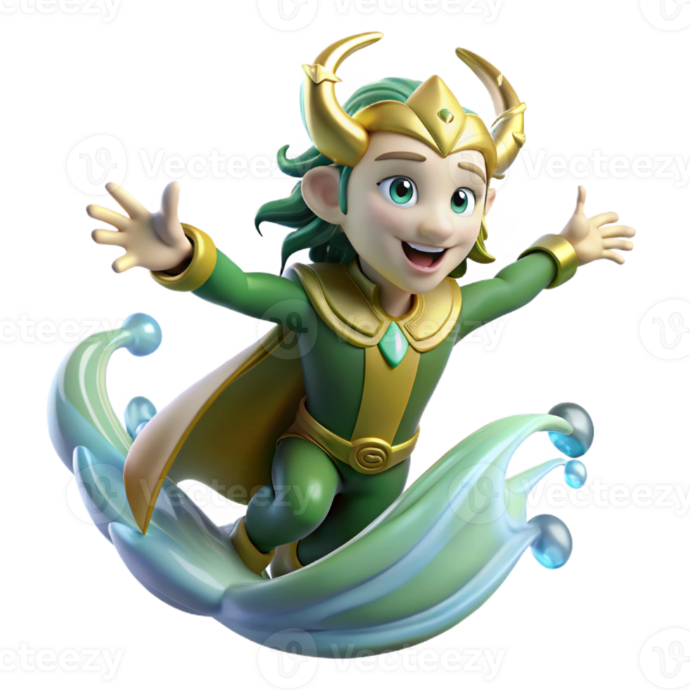 serene modern A mischievous Loki transforming into a salmon, leaping through a waterfall, vibrant Art Nouveau style 4K png