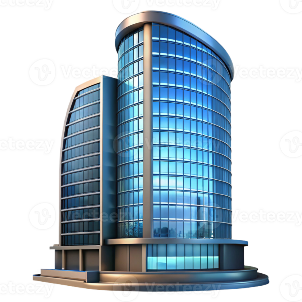 wonderful artistic A modern skyscraper with a curved glass facade, reflecting the city lights, night, original png