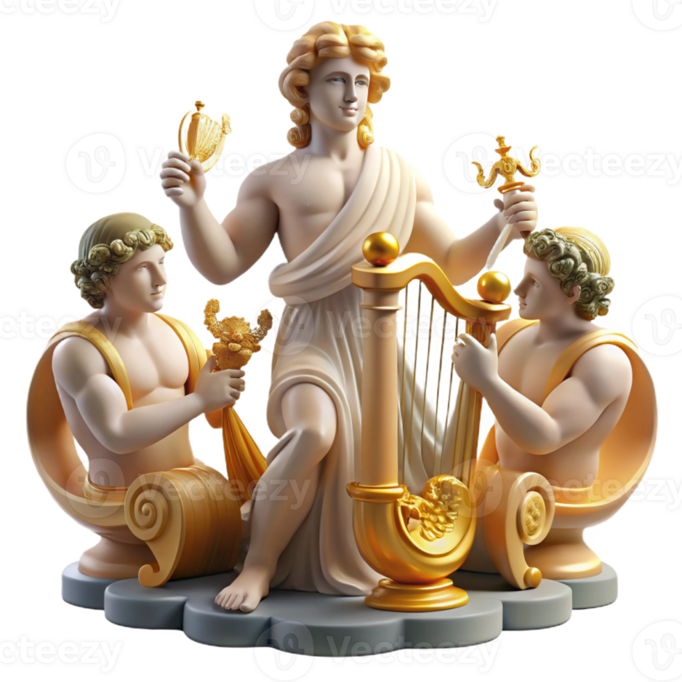 impressive classic A radiant Apollo playing a golden lyre, surrounded by the Muses on Mount Helicon, Renaissance painting style authentic png