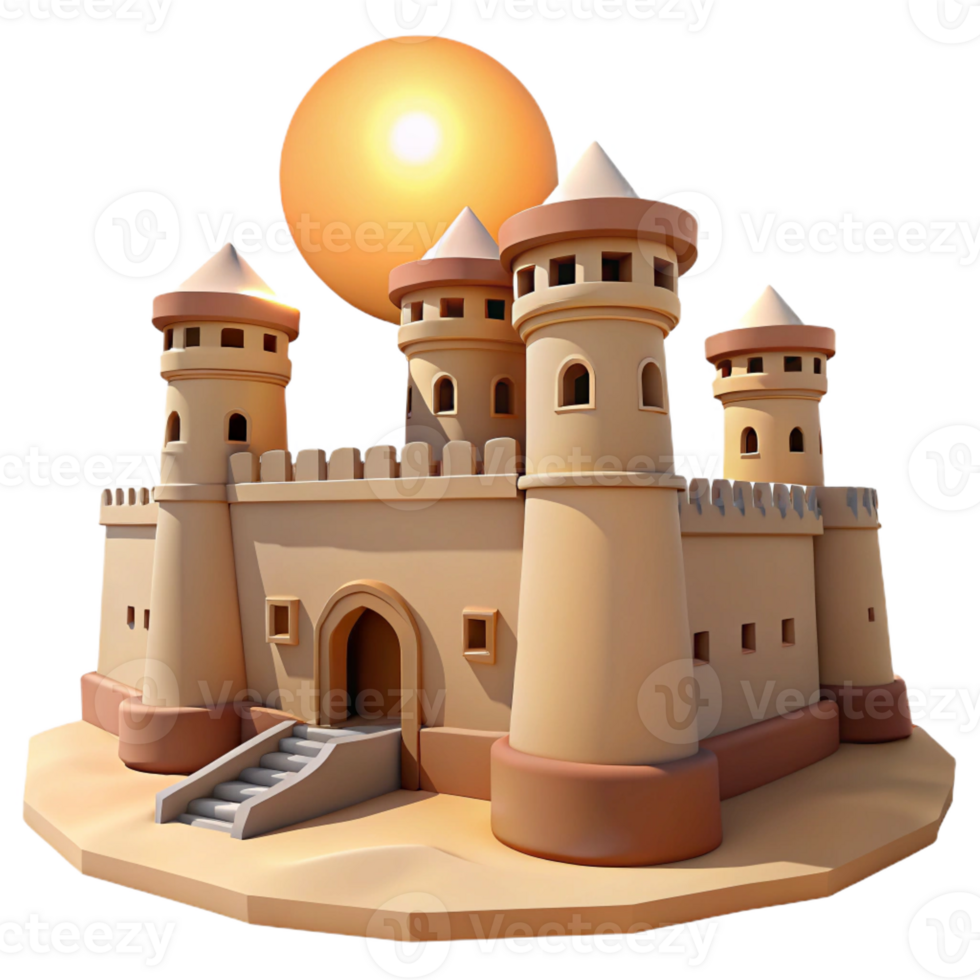 extraordinary modern A desert fortress with high walls and watchtowers, harsh midday sun, Middle Eastern, exclusive png