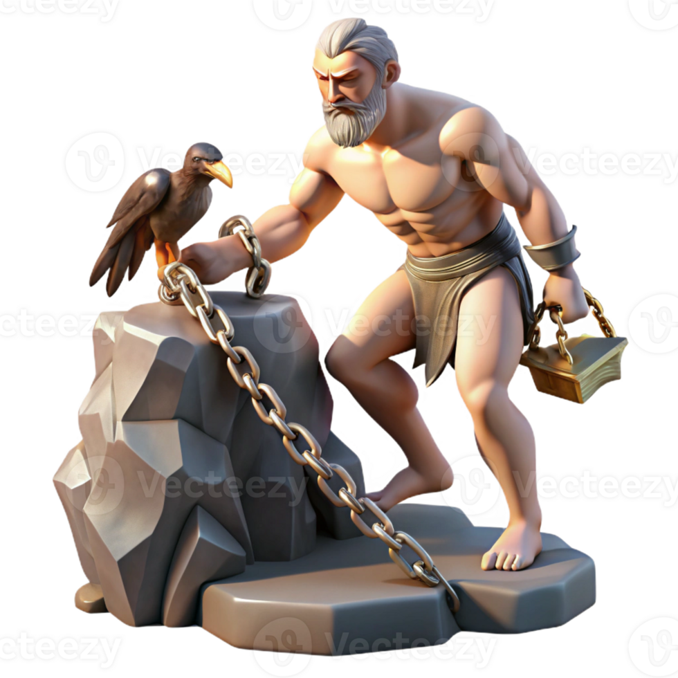 serene artistic A cunning Prometheus chained to a rock, an eagle tearing at his liver, dramatic chiaroscuro lighting, Romantic style original png
