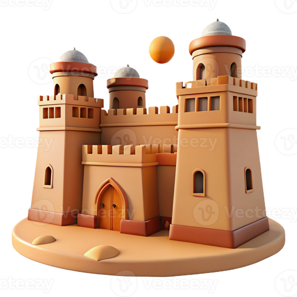 serene minimalist A desert fortress with high walls and watchtowers, harsh midday sun, Middle Eastern, authentic png