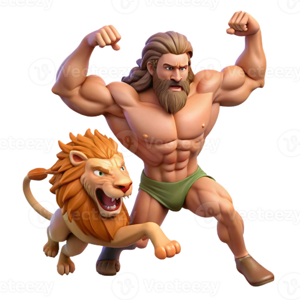 elegant vintage A triumphant Hercules slaying the Nemean lion, muscles straining, dynamic action pose, comic book style original png