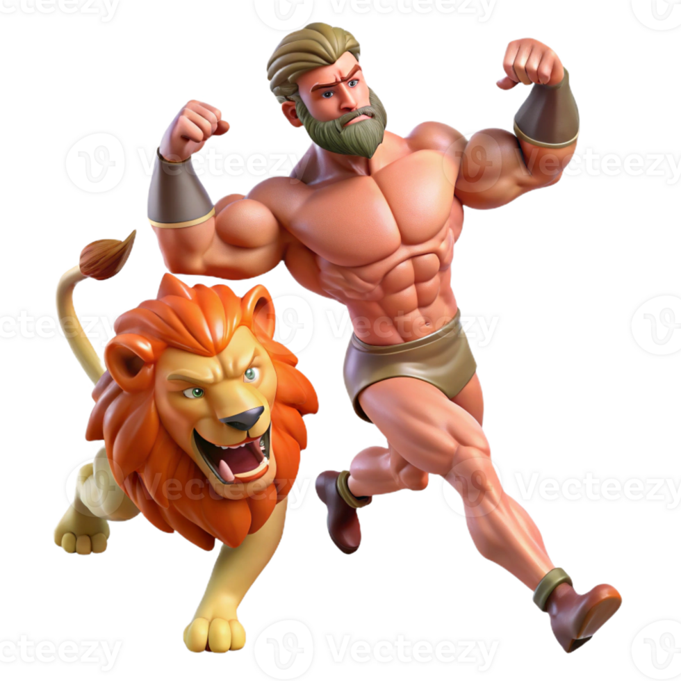 serene vintage A triumphant Hercules slaying the Nemean lion, muscles straining, dynamic action pose, comic book style professional png
