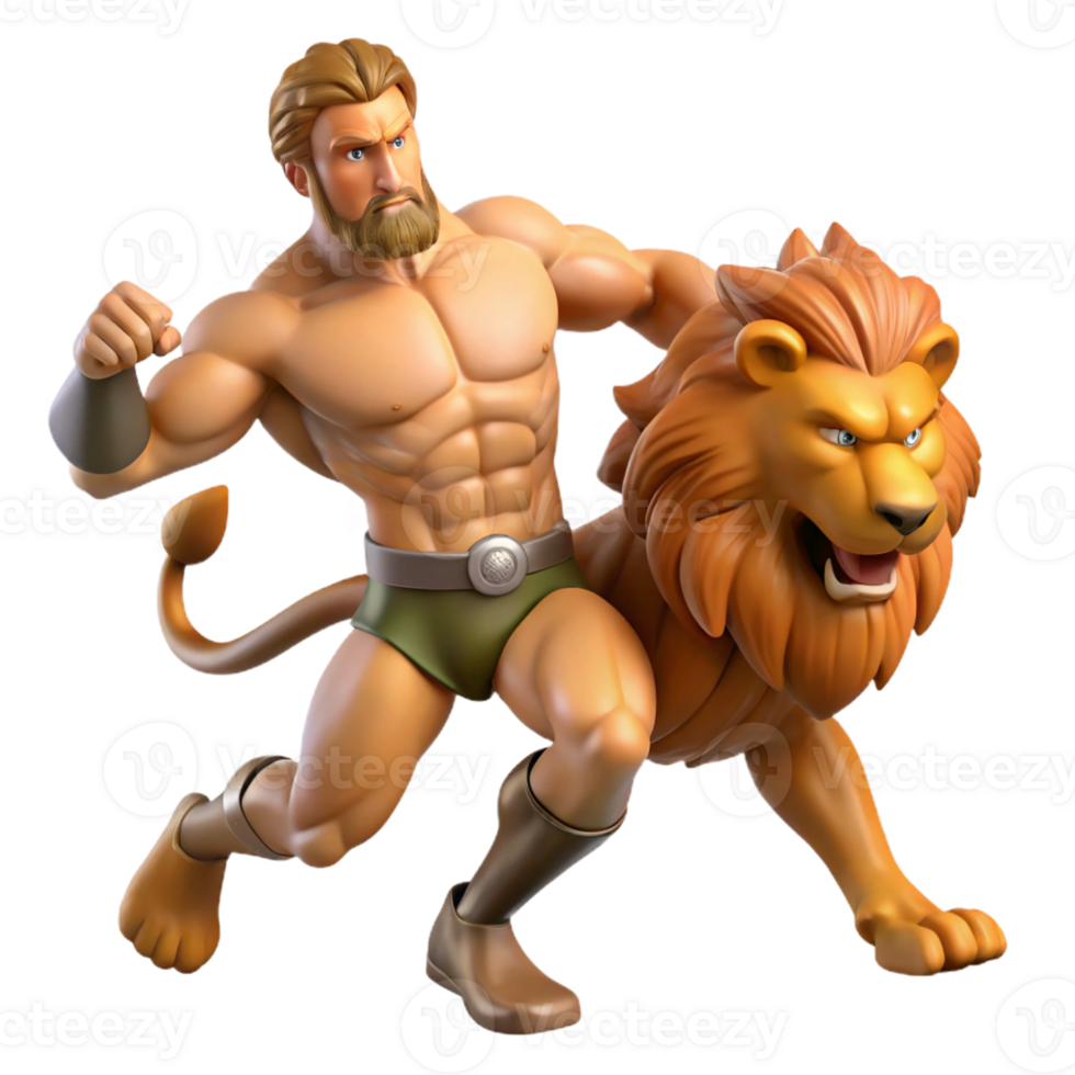 impressive modern A triumphant Hercules slaying the Nemean lion, muscles straining, dynamic action pose, comic book style premium png