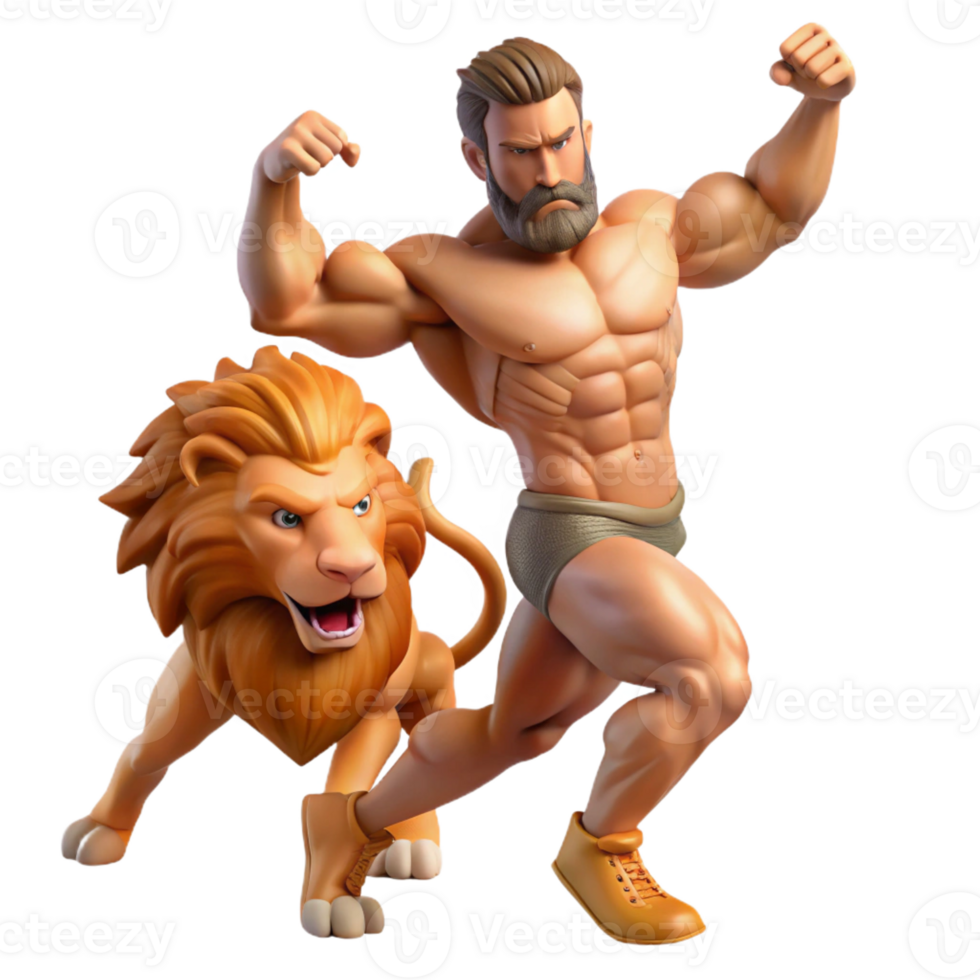 beautiful classic A triumphant Hercules slaying the Nemean lion, muscles straining, dynamic action pose, comic book style authentic png