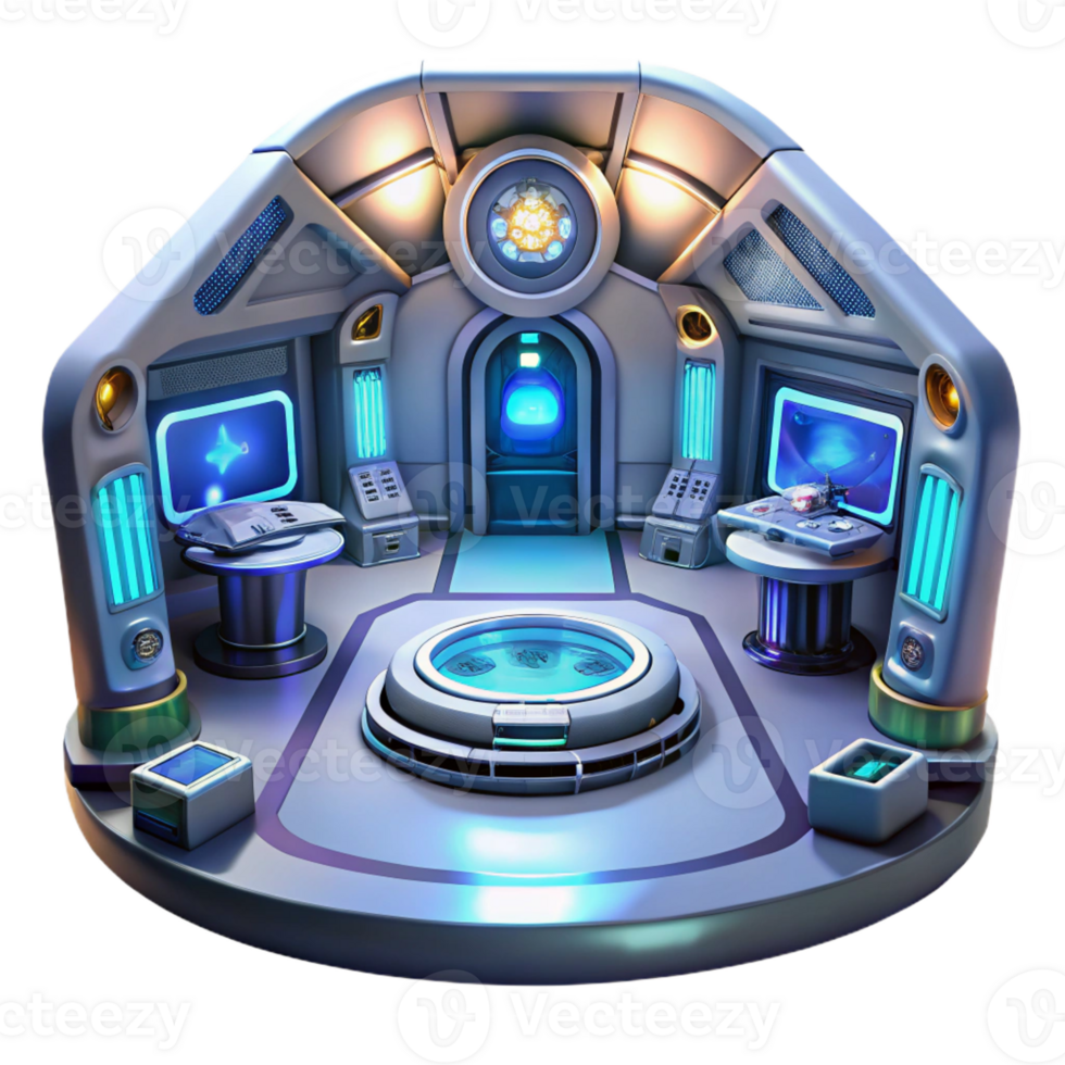 magnificent contemporary A futuristic spaceship interior with holographic displays and glowing panels, sci-fi, authentic png
