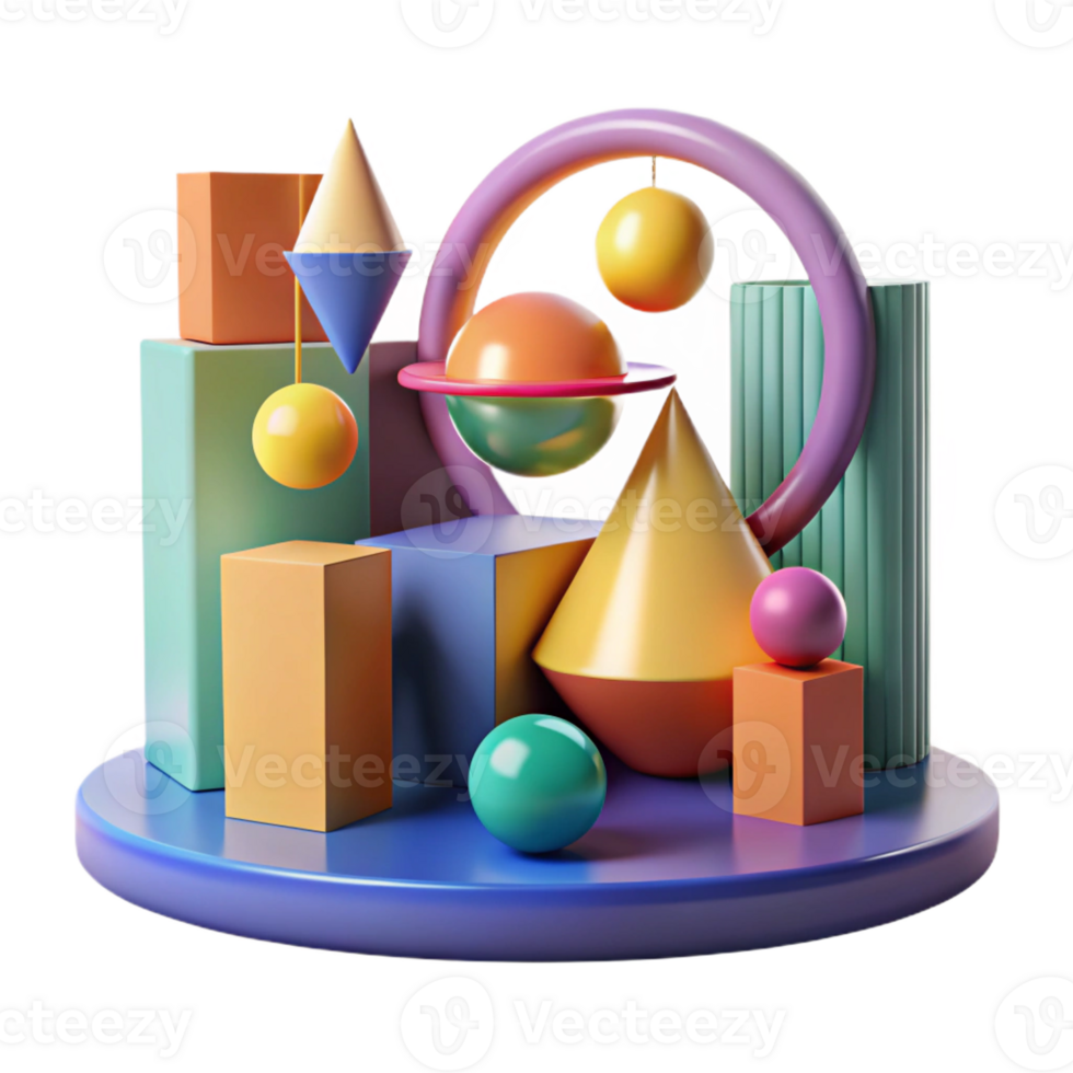 extraordinary classic A modern art installation with colorful geometric shapes, bright gallery lighting, abstract, detailed png